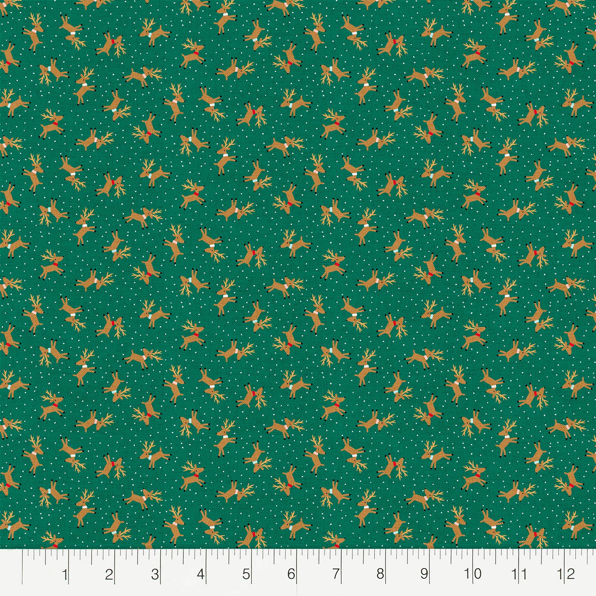 Fabric Editions Green Reindeer Toss Cotton Fabric